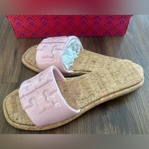 TORY BURCH DOUBLE T SPORT SLIDE SANDAL PATENT LEATHER PETUNIA NATURAL SZ 10.5